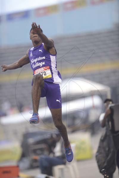 Shorn Hector/Photographer Wayne Pinnock of Kinston College sets a new Camps record of 8.05 in the boys class one long jump. The first high school athlete to jump beyond 8 meters. Day two of the ISSA/GraceKennedy Boys and Girls’ Athletics Championships held at the The National Stadium in Kingston on Wednesday March 27, 2019
