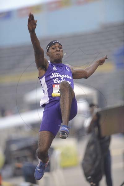 Shorn Hector/Photographer Wayne Pinnock of Kinston College sets a new Camps record of 8.05 in the boys class one long jump. The first high school athlete to jump beyond 8 meters. Day two of the ISSA/GraceKennedy Boys and Girls’ Athletics Championships held at the The National Stadium in Kingston on Wednesday March 27, 2019