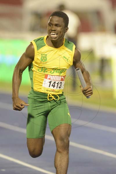 Shorn Hector/Photographer Javari Thomas of St Jago anchors his team to victory in hheat 4 of the boys class one 4x100 merters relay on day two of the ISSA/GraceKennedy Boys and Girls’ Athletics Championships held at the The National Stadium in Kingston on Wednesday March 27, 2019