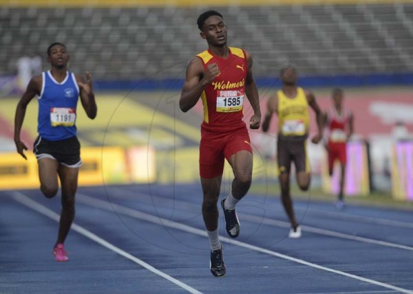 Shorn Hector/Photographer Jeremy Farr of Wolmer's Boys wins heat four of the boys 400 meters dash on day two of the ISSA/GraceKennedy Boys and Girls’ Athletics Championships held at the The National Stadium in Kingston on Wednesday March 27, 2019