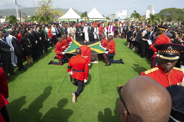 Gladstone Taylor / PhotographerMember sof the first batalion Jamaica Regiment 1JR bearer party during the interment segment of the state funeral of former primeminister the most honourable Edward Seaga at the national heroes park in kingston on sunday june 23, 2019.