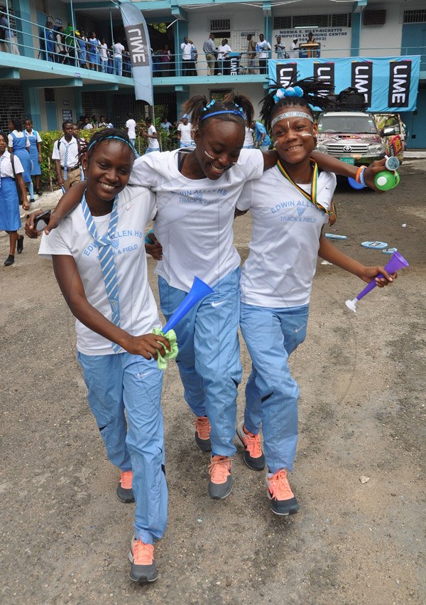 Jermaine Barnaby/Photographer
Edwin Allen high school athletes as they celebrate their schools' Champs win  at the school on Monday March 30, 2015.