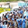 Jermaine Barnaby/Photographer
Students of Edwin Allen high as they march along the road in celebration  of their Champs win at the school on Monday March 30, 2015.