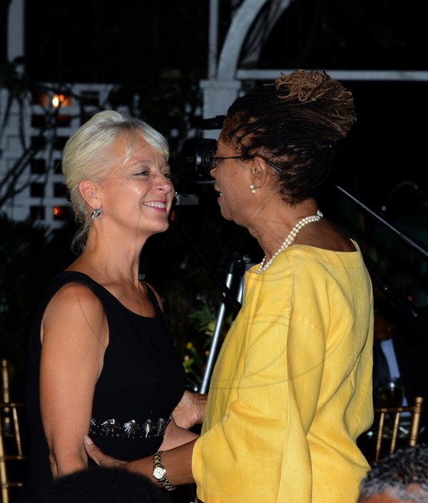 Winston Sill/Freelance Photographer
Environmental Health Foundation (EHF) 10th Annual Wellness and Lifestyle Awards Ceremony, held at Eden Gardens, Lady Muisgrave Road on Wednesday night April 30, 2014. Here are Kelly Tomblin (left), CEO, JPS; and Beverly Anderson-Duncan (right).