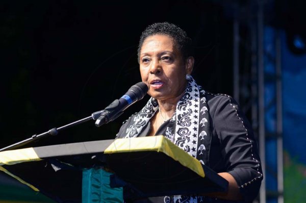 Shorn Hector/Photographer  Minister of Culture, Gender, Entertainment and Sport, Olivia Grange speaking at the Seville Emancipation Jubilee 2018