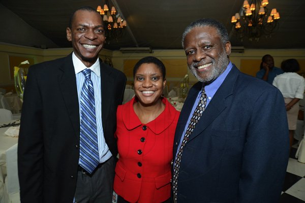 Rudolph Brown/Photographer
Robert Levy, (left) Chairman of Jamaica Broilers Group chat with Saadiq Rodgers-King, (centre) Chief Operating Officer of Nodeijitsu and Co-founder of Hot Potato and Professor Hopeton Dunn at the 12th Anniversary Awards Luncheon for presentation of the 2011/2012 Fair Play Awards at the Terra Nova Hotel on Tuesday, September 11-2012