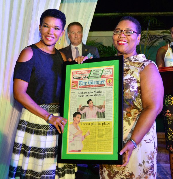 Patrick Planter/ Photographer
 Barbara Ellington- Public Affairs Officer from the Gleaner Company Presenting a Gift at the 
Farewell for ambassador Audrey Marks on Friday September 09, 2016 at the Vale Royal at 7:00pm