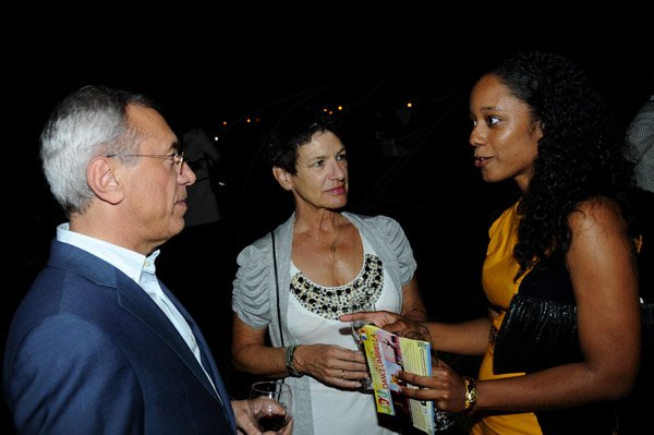 Winston Sill / Freelance Photographer
French Ambassador Ginette de Martha host reception in honour of Guadeloupean BLISS Company to the "Unbrella" Dance Festival, held at Hillcrest Avenue on Thursday night February 28, 2013. Here are Vladimir Polenov (left), Russian Ambassador; Gudrun Beck (centre); and Stephaine Thomas (right).