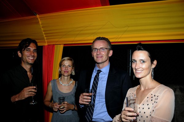 Winston Sill / Freelance Photographer
 Ambassador of the Federal Republic of Germany Josef Beck and wife Gudrun Beck host Day of German Unity Reception, held at Bracknell Avenue, Jack's Hill on Wednesday night October 3, 2012. Here are Michael Subratie (left); Claudia Kusiau (second left); Andrew Taylor (second right); and Melanie Subratie (right).