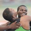 Ricardo Makyn/Staff Photographer 
Calabar's Jelani Walker and Michael Ohara embrace after their teams   victory in the Boys 4x100 at the 2015 Gibson/McCook relays held at the National Stadium on Saturday 28.2.2015