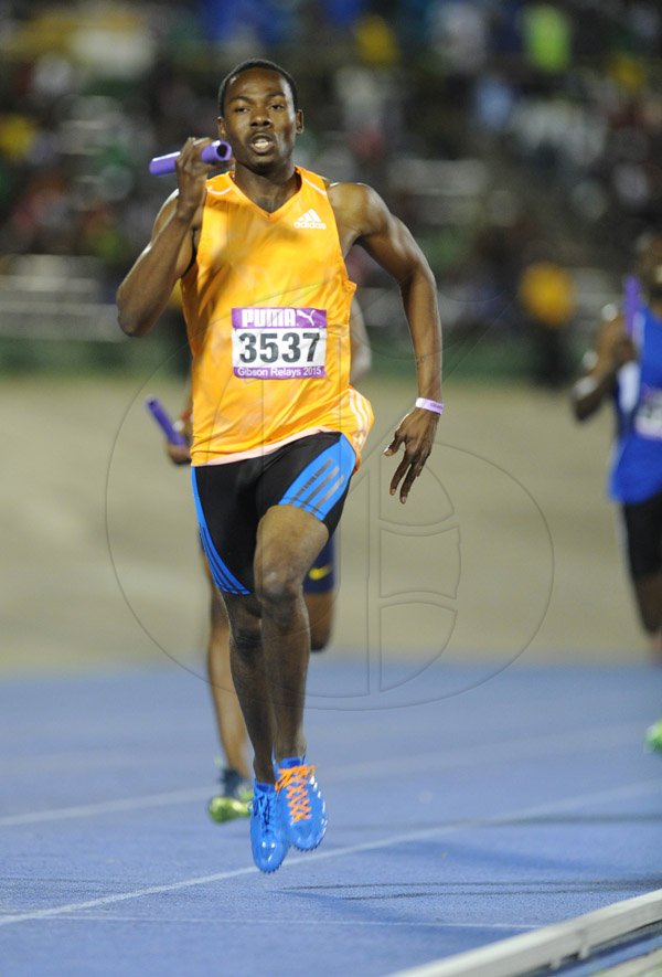 Ricardo Makyn/Staff Photographer 
Racers lions winning the institution mens   4x400 at the 2015 Gibson/McCook relays held at the National Stadium on Saturday 28.2.2015