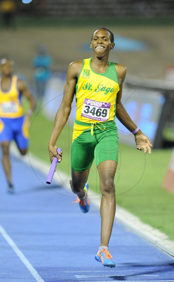 Ricardo Makyn/Staff Photographer 
St Jago's Nathan Allen anchoring His team to victory in the Boy's class 1 ,4x400 meters  at the 2015 Gibson/McCook relays held at the National Stadium on Saturday 28.2.2015