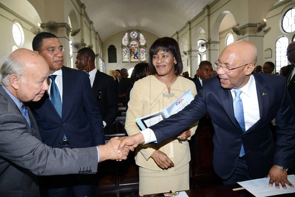 Ricardo Makyn/Staff Photographer 
From left Chairman ofthe Gleaner Company Limited  Oliver Clarke greets Prime Governor General Sir Patrick Allen while leader of the opposition Andrew Holness and Prime Minister the Most Hon.Portia Simpson Miller look's on at the Gleaner 180  anniversary Church service at the Kingston parish Church on Sunday 31.8.2014