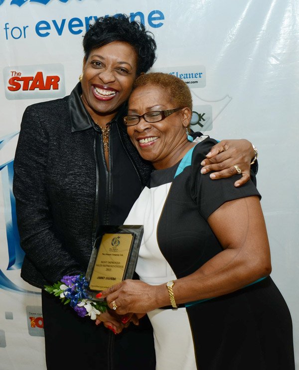 Rudolph Brown/Photographer
Karen Cooper, (right) make presentation to Janet Silvera at The Gleaner sales awards ceremony at the Terra Nova Hotel in Kingston on Monday, January 20, 2014