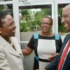 Rudolph Brown/Photographer
Karen Cooper,(centre) and Nordia Craig, Manager, Business Developlment and Marketing greets AubynHill, CEO of Corporate Strategies Limited at the Gleaner sales awards ceremony at the Terra Nova Hotel in Kingston on Monday, January 20, 2014