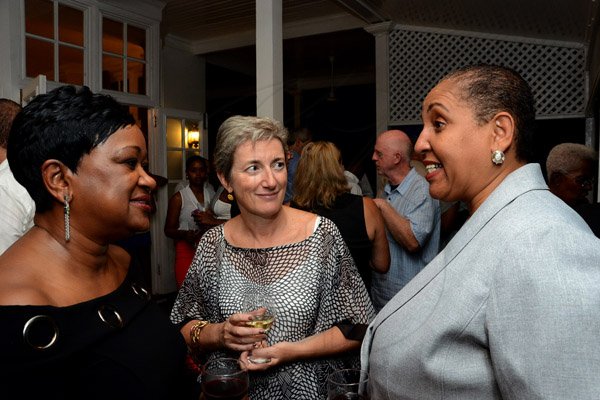 Winston Sill/Freelance Photographer
British High Commissioner David Fitton host reception for Shakespeare Globe  Cast Members who perform the play Hamlet, held at Trafalgar House, Trafalgar Road on Monday night August 25, 2014. Here are Minna Israel (left); EU Ambassador Paola? Amadei (centre); and Greta Bouges (right).