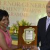 Gladstone Taylor / Photographer
 
Christine Natalie Downer, JP (Award Recipient for the Parish of Portland) accepts her award from Sir Patrick Allen (Governer General) as seen at the Governer General's Achievement Awards held at the Whispering Bamboo Cove Resort, Morant Bay, St. Thomas