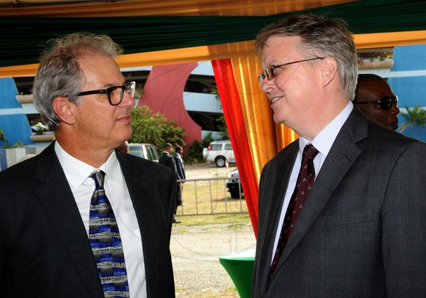 Winston Sill/Freelance Photographer
Pan Jamaican and Caribe Hospitality host Ground Breaking Ceremony for the Courtyard Marriott  Hotel, held at Park Boulevard, New Kingston on Thursday July 25, 2013. Here are Stephen Facey (left), Chairman, Pan Jamaican; and David Fitton (right), British High Commissioner.