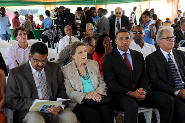 Winston Sill/Freelance Photographer
Pan Jamaican and Caribe Hospitality host Ground Breaking Ceremony for the Courtyard Marriott  Hotel, held at Park Boulevard, New Kingston on Thursday July 25, 2013. Here,front row from left are Dr. Wykeham McNeill, Minister of Tourism and Entertainment; Valerie Facey; Andrew Holness, Opposition Leader; and Stephen Facey, Chairman, Pan Jamaican.