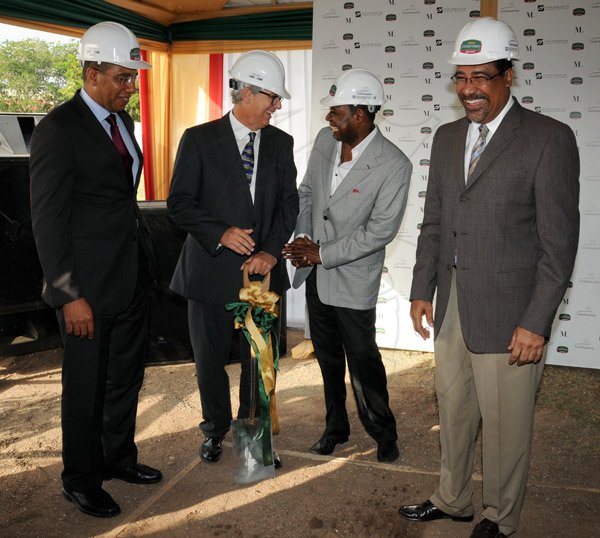 Winston Sill/Freelance Photographer
Pan Jamaican and Caribe Hospitality host Ground Breaking Ceremony for the Courtyard Marriott  Hotel, held at Park Boulevard, New Kingston on Thursday July 25, 2013. Here are Andrew Holness (left). Opposition Leader; Stephen Facey (second left), Chairman Pan Jamaican; Edmund Bartlett (second right), Opposition Spokesman on Tourism; and Dr. Wykeham McNeill (right), Minister of Tourism and Entertainment.