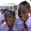 Jermaine Barnaby/Photographer
Tears of joy flow down the cheeks of Rhyanna Bellnavis (left) who passed for Wolmers and Karo-Lee Briscoe who passsed for St. Andrew High following the announcement of the Gsat results at the Ascot Primary School in Portmore, St. Catherne on Wednesday June 17, 2015.