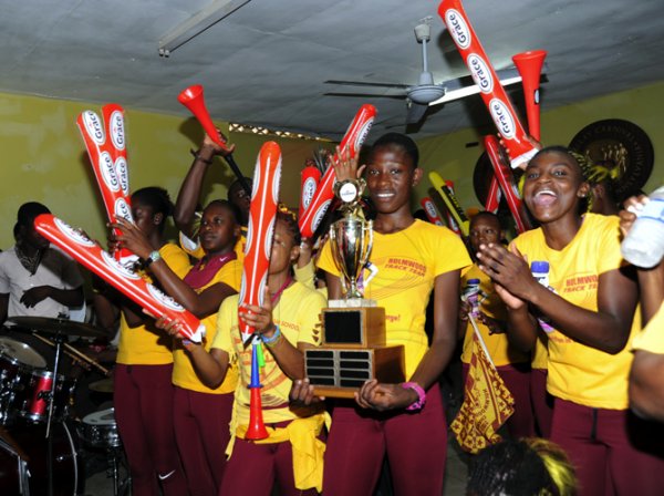 Norman Grindley/Chief Photographer
Holmwood Technical  High school  students  continue to celebrate their victory at their Manchester school's Auditorium  April 4, 2011. The school won the girls championship at the  ISSA/Gracekennedy Boys and Girls Championship last Saturday at the National Stadium.