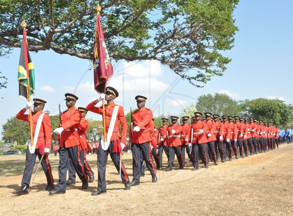 Jermaine Barnaby/Photographer
Uniform grouo has a march pass at the Annual Independence Day Ceremony at  King's House on Wednesday, August 6, 2014.