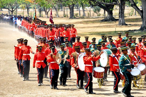 Jermaine Barnaby/Photographer
Uniformed groups march on the guard of honour at the Annual Independence Day Ceremony at  King's House on Wednesday, August 6, 2014.