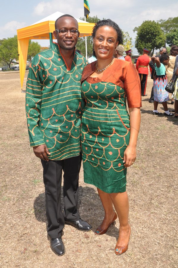Jermaine Barnaby/Photographer
Acting public defender Matondo Mukulu and his wife Aya Mukulu at the Annual Independence Day Ceremony at  King's House on Wednesday, August 6, 2014.