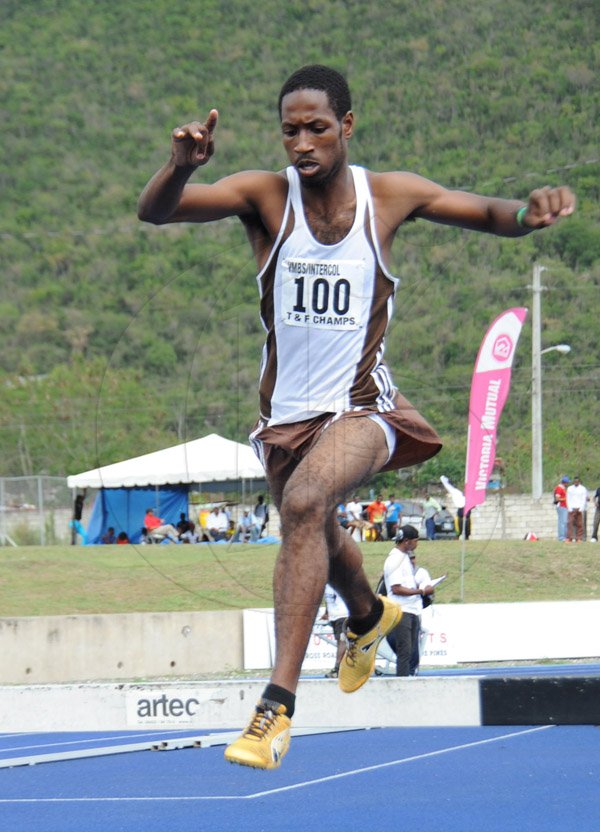 Ian Allen/Staff Photographer
Webster Chung of G.C.Foster College winning the Men 3000m Steeplechase at the VMBS Intercollegiate Track and Field Championships at the UWI/Usain Bolt Track.