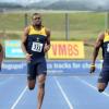 Ian Allen/Staff Photographer
Rusheen McDonald second right of Utech winning the Men 400m finals ahead of his teammate Faedian Royes second left, Alvin Green left from G.C.Foster College and Kegan Campbell right from G.C.Foster College during the VMBS Intercollegiate Track and Filed Championships 2014 at the UWI/Usain Bolt Track.