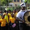 Norman Grindley / Chief Photographer
A member of the Steppers marching band leads the way on Duke Stree,t as they celebrate Jamaica day in Kingston, February 17, 2012.