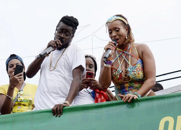 Jermaine Barnaby/Freelance Photographer
Beenie Man and Allison Hinds performing at the Jamaica carnival road march on Sunday.