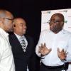 Colin Hamilton/Freelance Photographer
President and CEO of Supreme Ventures Limited, Brian George, has the attention of Digicel's new Head of Marketing, Donovan White (left), Jamaica Cricket Association (JCA) Marketing and Business Development chairman, Gary Peart (second left) and JCA President, aul Campbell, during the Jamaica Cricket Festival 2010 Media Launch at the Acropolis Gaming Lounge on Tuesday.