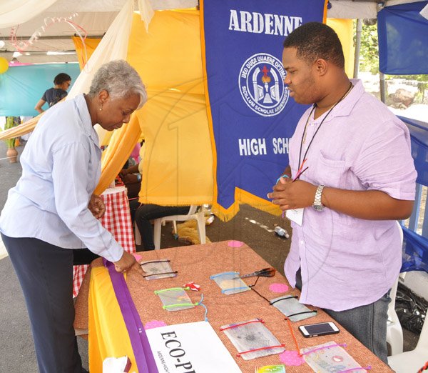 Jermaine Barnaby/Photographer
Mary Dick (left) ?Assistant Manager, HR Services at The Gleaner Company Ltd scoop over some hand made pencil cases while president Dawin Morna explains whats behind the creativity in his company, Eco-Pure at Ardenne High during the Jampreneurs Expo & Summer Jam at the  Ranny Williams Entertainment Centre on  Saturday, July 5, 2014.