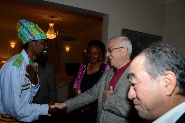 Winston Sill/Freelance Photographer
Outgoing Japanese Ambassador Yasuo Takase, his wife Sayoko Takase and daughter Yuria Takase host a Reception and Dinner for some of their close and special jamaican friends, held at Seaview Avenue on Friday night March 20, 2015. Here are entertainer Determine (left); Marcia Thwaites (third right); Ronald Thwaites (second right), Minister of Education; and Ambassador Takase (right).