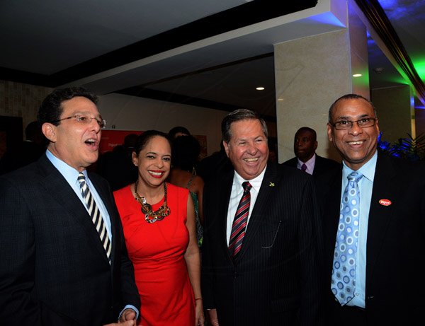 Winston Sill/Freelance Photographer
The Jamaica Manufacturers' Association Limited (JMA) in association with Digicel host the 46th Annual Awards Banquet, held at the Jamaica Pegasus Hotel, New Kingston on Thursday night October 9, 2014. Here are Joseph M. Matalon (left);------???? (second left); Brian Pengelley (second right); and Patrick King (right).