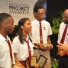 Jermaine Barnaby/Photographer
Saffrey Brown (right) General Manager Jamaica National Building Society Foundation and Earl Jarrett (second right) General Manager of Jamaica National Building Society (JNBS) raps with Glenmuir high school students from left Carl Simpson, Jodi Morgan and Mikhail Henry who were announced top awatdees at the JN Foundation Resolution Project Awards Ceremony at the Olympia Gallery- 202 Old Hope Road on Tuesday, July 15, 2014.
