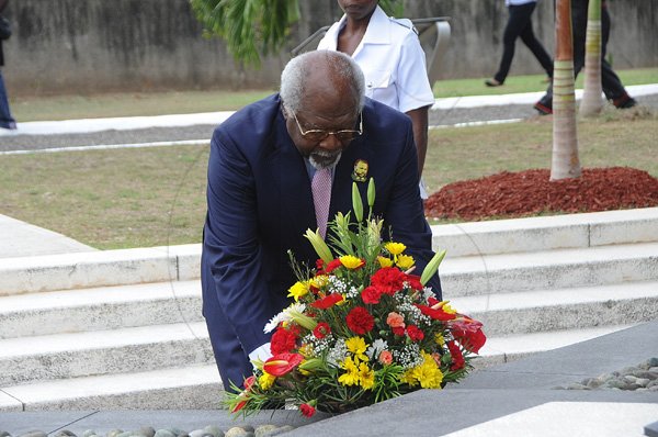 Rudolph Brown/Photographer
Julius Garvey, son of the Marcus Mosiah Garvey lay flowers  at the Floral Tribute commemorating the 125th Anniversary of the birth The Rt. Excellent Marcus Mosiah Garvey, Jamaica National Hero at the National Heroes Park in Kingston on Friday, August 17-2012