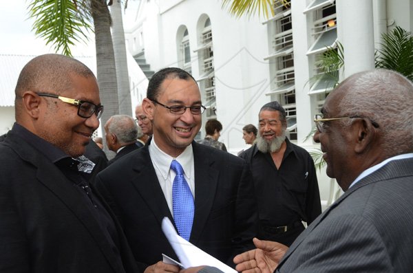 Rudolph Brown/Photographer
Henry Rainford (right) chairman and CEO of the Jamaica Livestock Association (JLA) chat with Don Wehby, (centre) and Chis Berry at the service of thanksgiving for the Mayer Michael Matalon at the Synagogue on duke Street in Kingston on Monday, February 6-2012