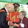 Lionel Rookwood/PhotographerMajorie Dlores Parkin accepts The Badge Of Honour for Long and Faithful Service from Governor General Sir Patrick Allen at The National Honours and Awards held at King's House yesterday.