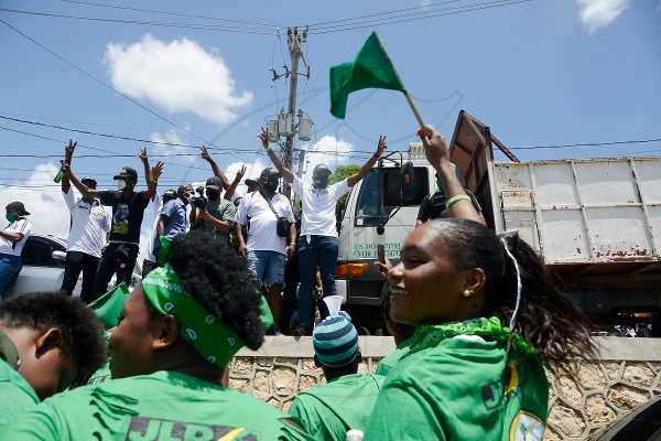 Robert 'Nesta' Morgan, a JLP candidate of the North Central Clarendon constituency, ran up to an elevated area on Main Street Chapelton, to allow all his supports to see him, on August 18, 2020. A few supporters said that since the death of Percival Broderick, a member of Parliament for North Clarendon from 1972-1989, this is the largest the crowd have every been.