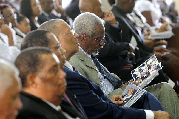 Gladstone Taylor / Photography

Senior members of the People's National Party pay their respects atthe funeral for O. T. Williams at the thanksgiving service for his life at the Bethel Baptist Church yesterday. Seated ( left to right foreground) are Roger Clarke, Anthony Hylton, Dr Peter Phillips,  and P.J Patterson.
