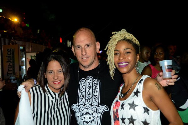 Winston Sill/Freelance Photographer
Appleton/Digicel Carnival Pon Di Road presents Pandemonium, held at Hope Gardens, Old Hope Road on Thursday night April 9, 2015. Here are Tina Matalon (left); Gary Matalon (centre); and Nickie-Z (right).
