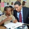 Rudolph Brown/Photographer
Opposition Leader Mr. Andrew Holness chat with Rajaughn Searchwell after speaking to grade seven four students on value and Attitude on Teachers' Day at Penwood High School on Rhoden Crescent in St. Andrew on Wednesday, May 8, 2013