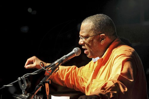 Norman Grindley/Chief Photographer
Dr Peter Phillips addresses the crowd of PNP supporters  in Cross Roads.