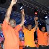 Jermaine Barnaby/Photographer
From left; Richard Parchment, Daren Powell, Hugh Buchanan,  Prime Minister Portia Simpson Miller and Evon Redman on stage at the PNP rally in Black River, St. Elizabeth on Sunday November 22, 2015.