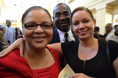Rudolph Brown/Photographer
Minister Sandrea Falconer, (left) pose with her sister Colleen Falconer and Trevor Francis after Governor General Sir Patrick Allen swearing the Portia Simpson Miller cabinet ministers at Kingston House on Friday, January 6-2012