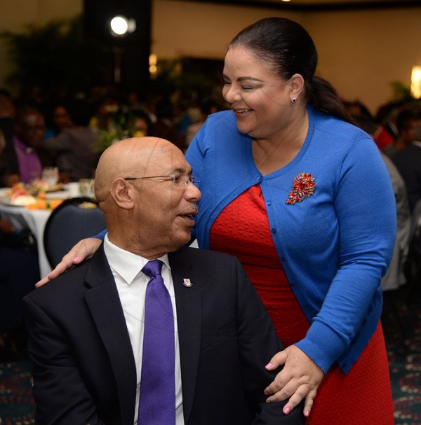 Jermaine Barnaby/Photographer
Senator Sandrea Falconer (right) Minister without Portfolio in the Office of the Prime Minister with responsibility for Information and Gender Affairs and His Excellency, Governor-General Sir Patrick Allen at the  annual National Leadership Prayer Breakfast at the  Jamaica Pegasus Hotel in New Kingston on Thursday, January 21, 2016.