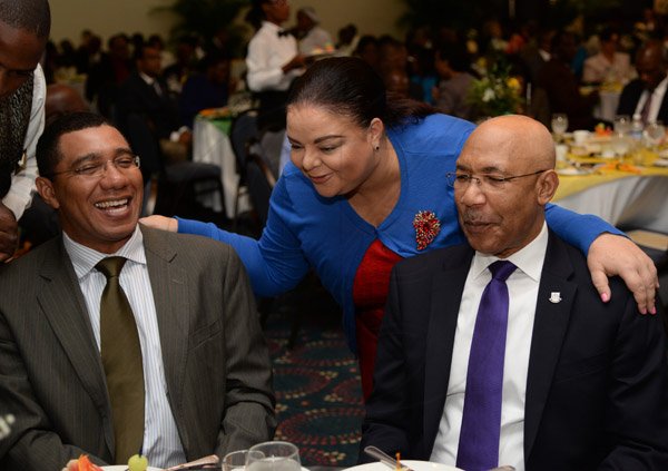 Jermaine Barnaby/Photographer
Opposition Leader Andrew Holness (left) having a light moment with Senator Sandrea Falconer (center) Minister without Portfolio in the Office of the Prime Minister with responsibility for Information and Gender Affairs and His Excellency, Governor-General Sir Patrick Allen at the annual National Leadership Prayer Breakfast at the  Jamaica Pegasus Hotel in New Kingston on Thursday, January 21, 2016.